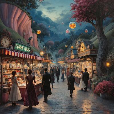 The primary subject of the image is a group of people walking down a street in a town. The setting is a quaint, old-fashioned town with a European atmosphere. The visual style is a combination of photo and digital art, creating a realistic yet artistic representation of the scene. The colors and mood are warm and inviting, with the street bustling with activity and the people enjoying their time in the charming town.